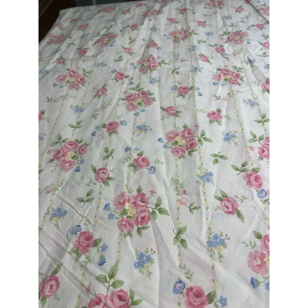 Pottery Barn White Pink Rose Floral Twin Flat Sheet